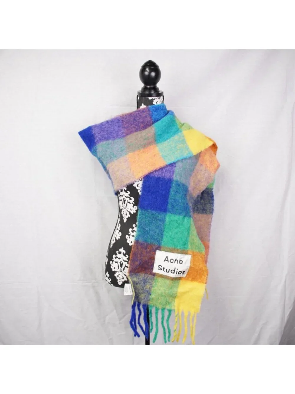 Acne Studios Unisex Multicolor Checked Fringed Knitted Scarf Italy Made 250x28cm